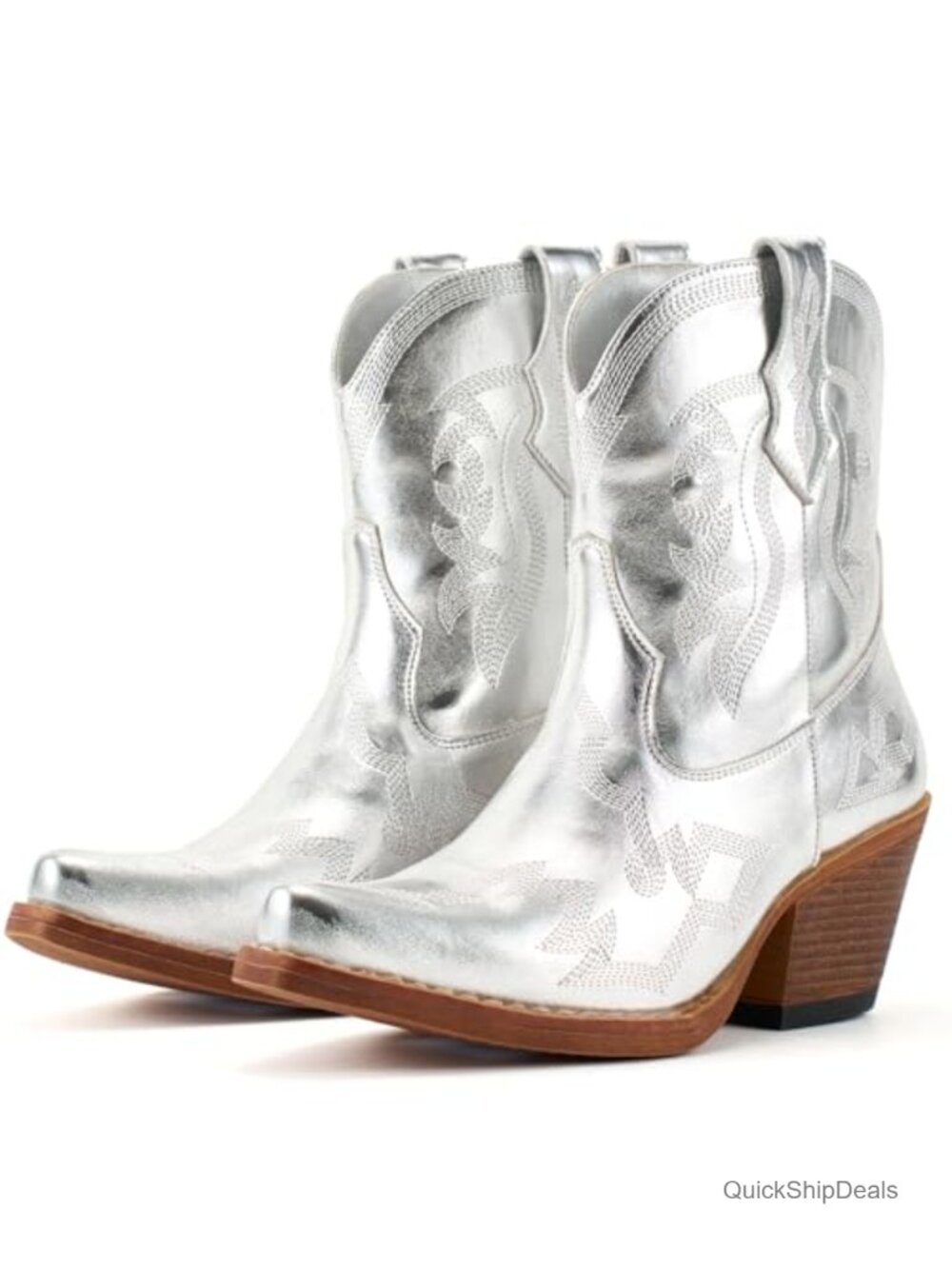 Women's Cowboy Ankle Boots Embroidered Snip Toe Chunky Block Heel Slip-On